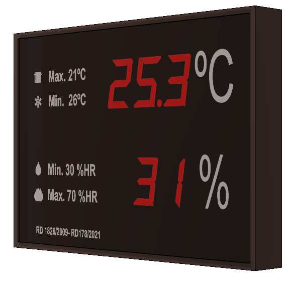 Indicador visualizador medidor termómetro gran formato displays segmentos DTH Temperatura y Humedad segun RITE RD1826 y 14/2022