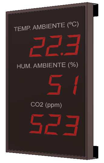 Indicador  visualizador medidor  termmetro gran formato displays segmentos DTH Temperatura , humedad, CO2 y reloj segun RITE RD1826 y 14/2022